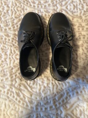 Dr. Martens Black Leather Lace-Up Shoes with Yellow Stitching